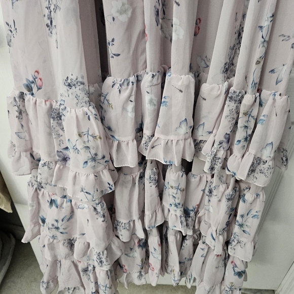 NWT  Mac Duggal Lilac Floral Print Ruched Raglan Sleeve Tiered Gown Sz 10 68199 - Picture 11 of 12